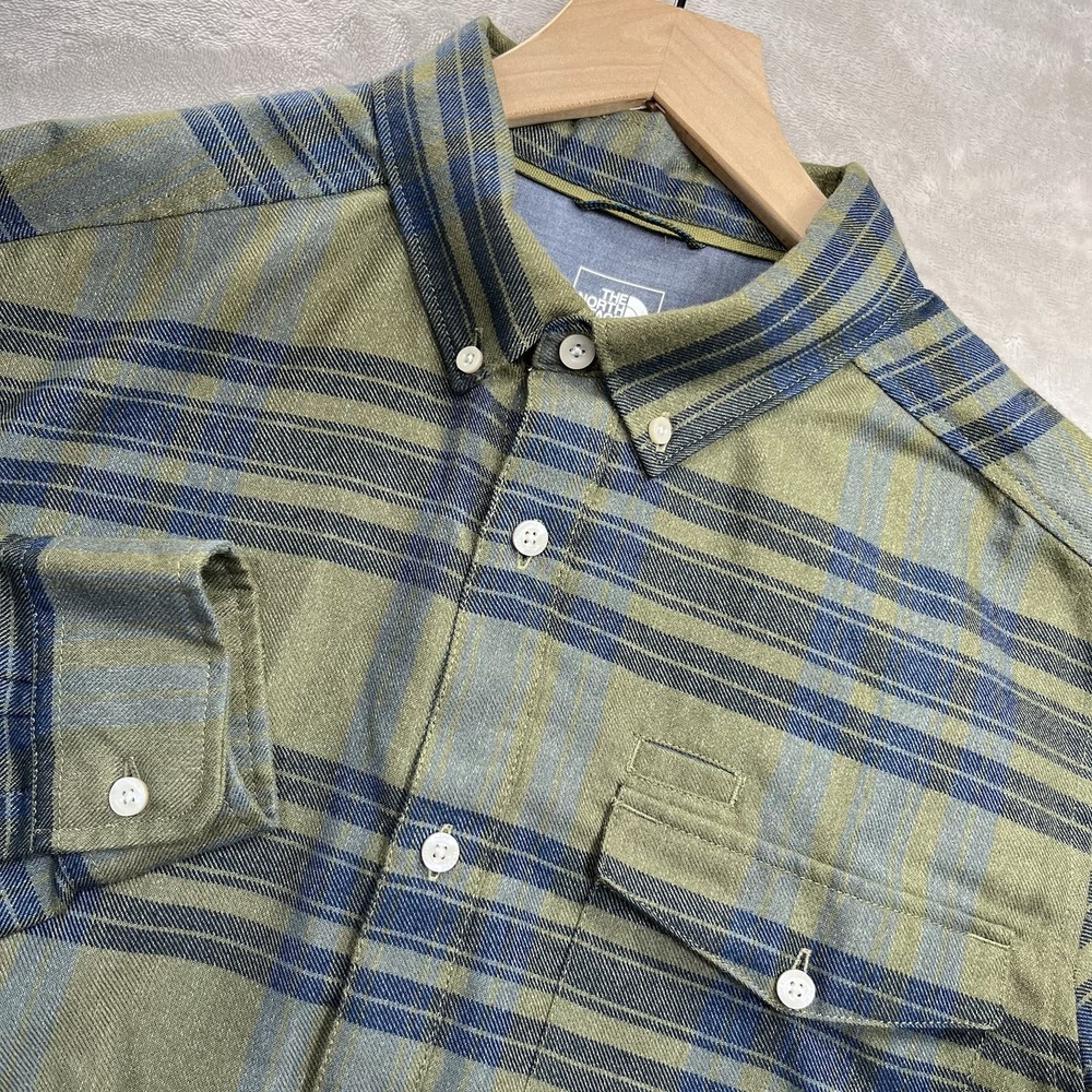 The North Face Mens L Long Sleeve Plaid Flannel Button Down Shirt Olive Green